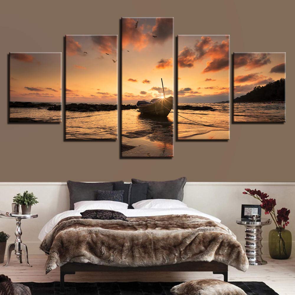 Impresiones sobre Lienzo Cuadros De Alta Definición Impresos Lienzo Arte De La Pared Decoración del Hogar Carteles 5 Pieza De Barco Puesta De Sol Playa Paisaje Marino Pintura El Animal Fotos