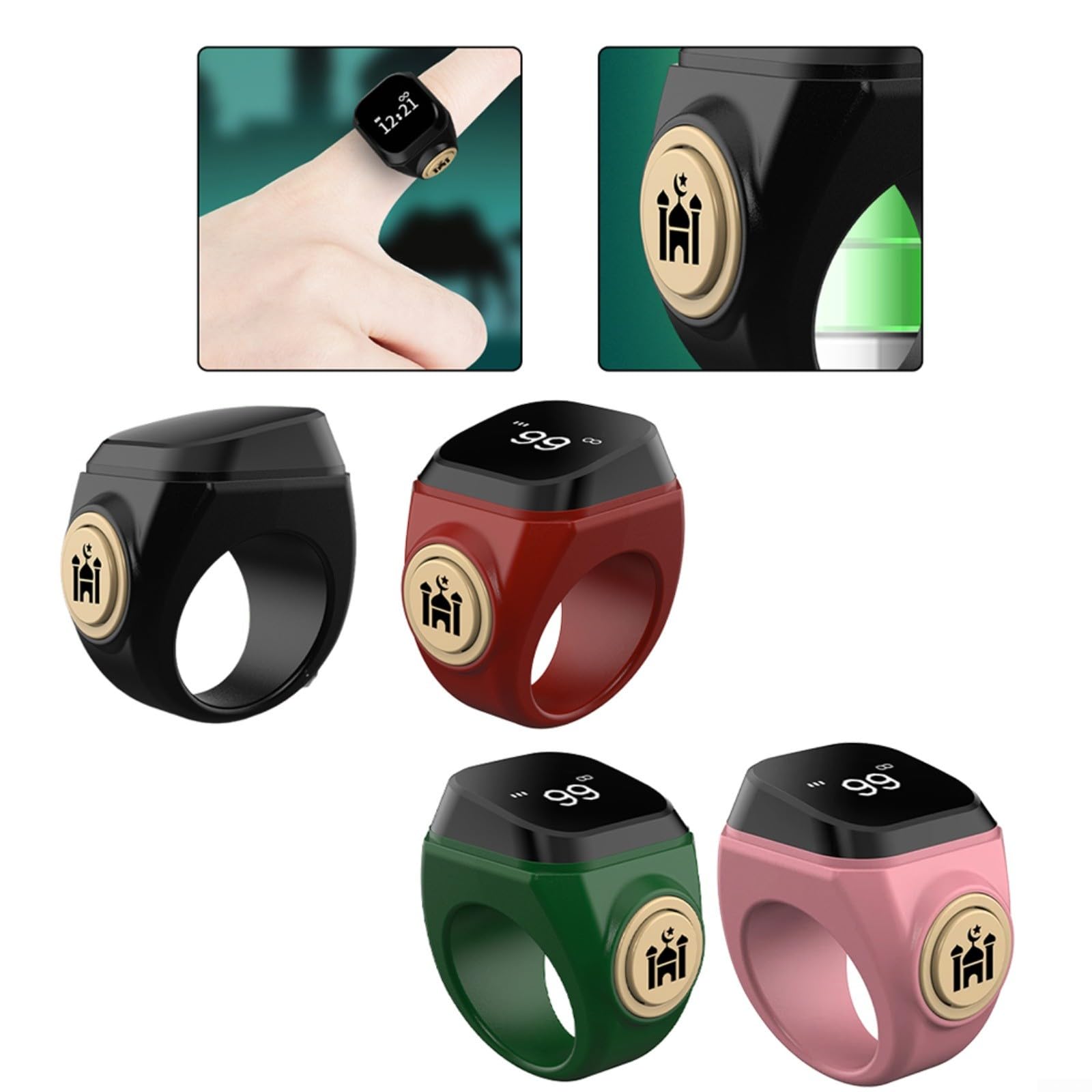 Elektronischer Tasbih Zähler Ring wiederaufladbar 40mAh 3 Größen 18/20/22mm wasserdicht ABS Material USB Ladegerät für Gebet und für Zikr(18mm Rose Gold)