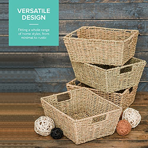 LIVIVO Set of 4 Seagrass Rectangular Hamper Storage Decorative Baskets Natural Shelf Underbed Woven Gift Multipurpose Kitchen Bathroom With Insert Handles- Natural - Cosy Home Interiors LIVIVO Set of 4 Seagrass Rectangular Hamper Storage Decorative Baskets Natural Shelf Underbed Woven Gift Multipurpose Kitchen Bathroom With Insert Handles- Natural - Image 2