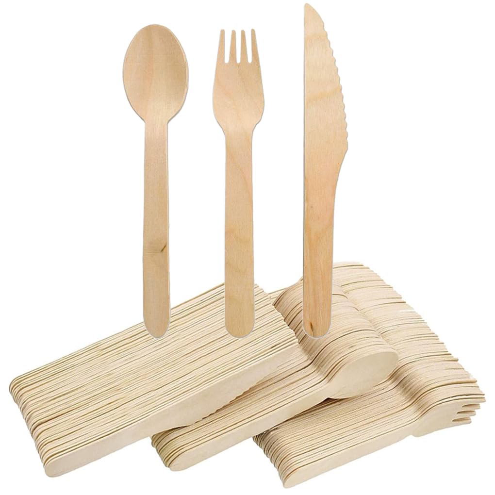 PYGHAP 150pcs Disposable Cutlery Set, Eco-Friendly, Birch Wood, 50 Forks, 50 Spoons, 50 Knives, Perfect for Parties & Outdoor Events