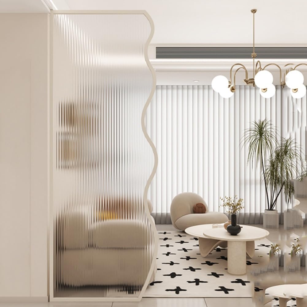Wall Room Divider, Translucent Glass Room Divider with Metal Frame, Single Panel Freestanding Partition for Home Office Decorative(White-A,50x140cm)