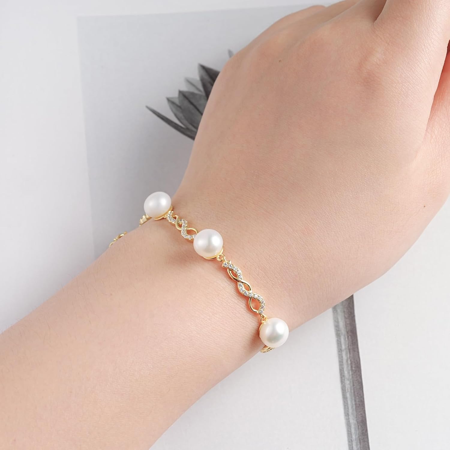 Gold Plated Infinity Bracelet for Women, 8mm Freshwater Cultured Pearl & Cubic Zirconia Inlay, Adjustable Link Chain with Extension, June Birthstone Jewelry Gift for Mom Wife