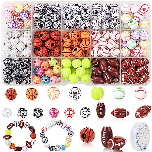 CCOZN 200 Pcs Sports Ball Beads for DIY Jewelry Making Acrylic Tiny Baseball Basketball Soccer Football Volleyball Beads for Bracelets Keychains Necklaces Crafting Sports with Box