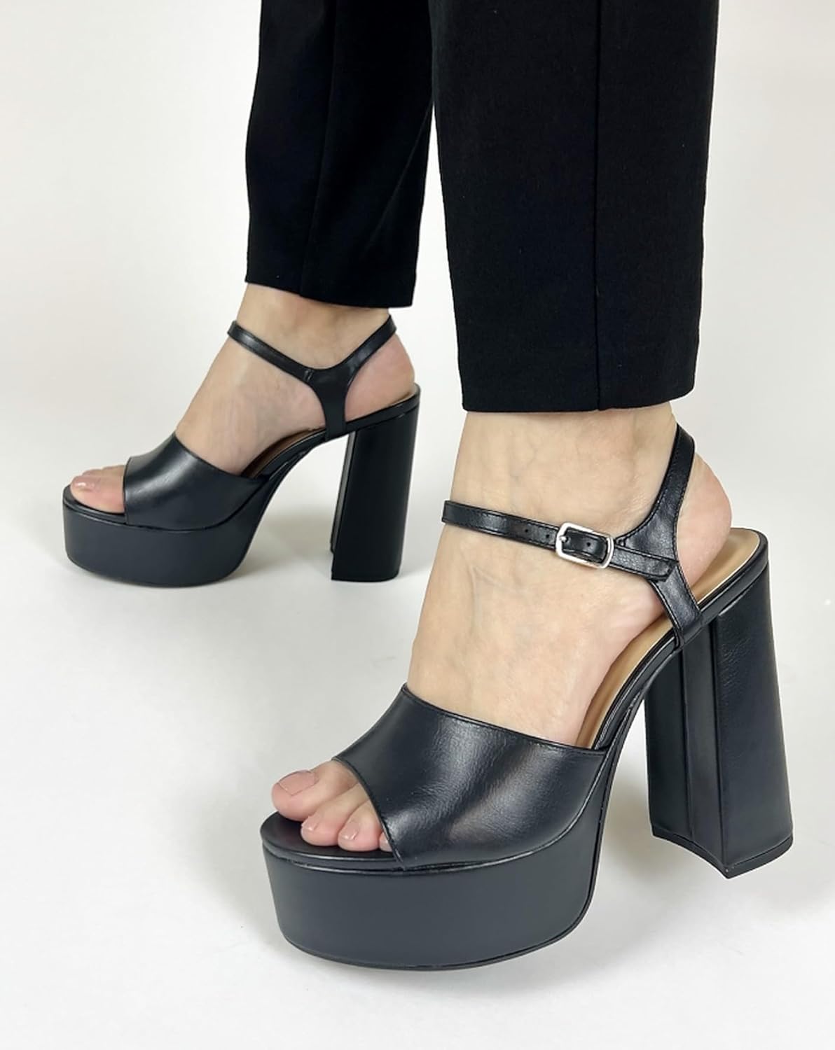 Soda Women's Platform Chunky High Heel Sandals Ankle Strap Open Toe Heeled Shoes Blow Black Pu 7 - Image 2