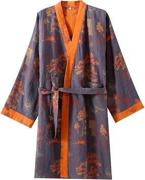 Cotton Kimono Robes with Belt for Men, Jacquard Thin Printed Bathrobe Japanese Robes Pajamas Yukata Belted Robe for Home Casual Wear