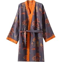 Dianzan Kimono Dressing Gown, Cotton Kimono Robes with Belt for Men, Japanese Pajamas with Waist Belt, Jacquard Thin Printed Bathrobe for Home