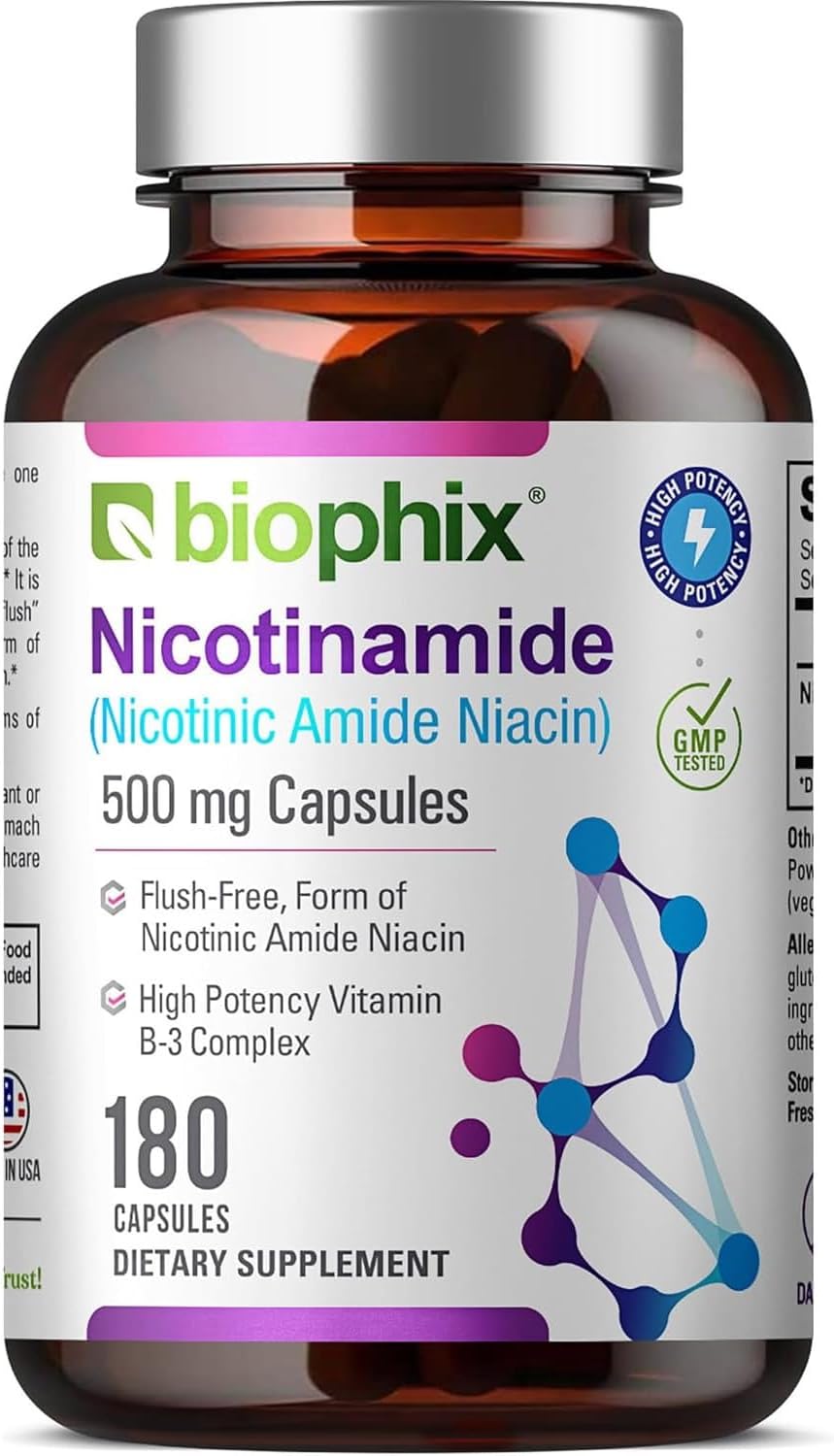 biophix B-3 Nicotinamide 500 mg 100 Caps - Nicotinic Amide Niacin Natural Flush-Free Vitamin Formula - Supports Skin Cell Health