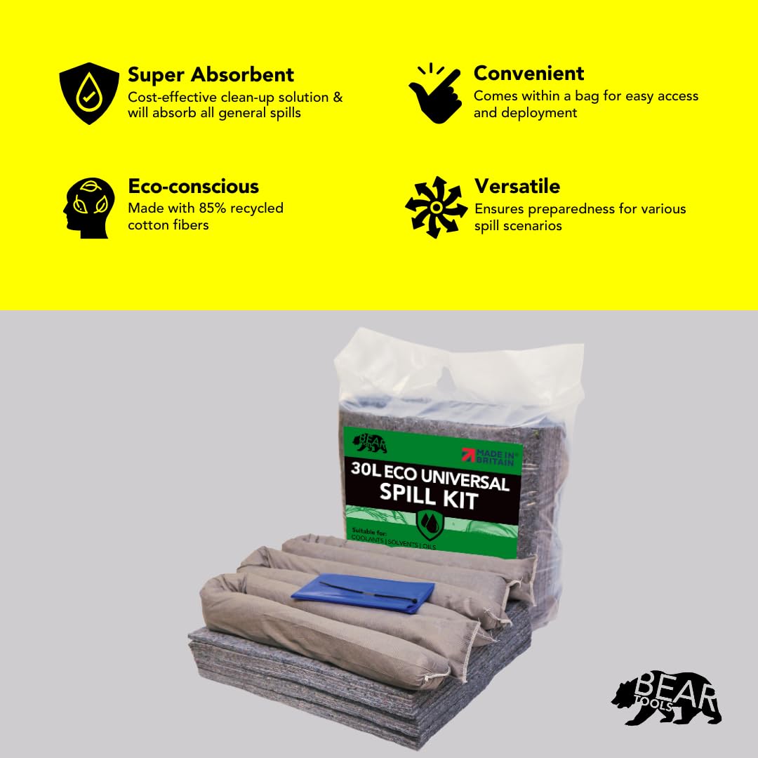 BearTOOLS Kit de control de derrames ecológico de 30 litros, respetuoso con el medio ambiente, 85 % fibras naturales recicladas, reduce la huella de carbono, solución absorbente sostenible, aceites,