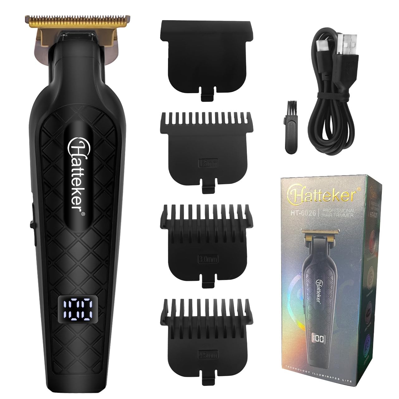 HATTEKER HT-6026 Professional Hair Trimmer, Zero Gap T-Blade Stainless Steel Blade, 1200mAh Rechargeable Battery, LED Display, USB Type-C Charging, 240 Minutes Runtime-image-34