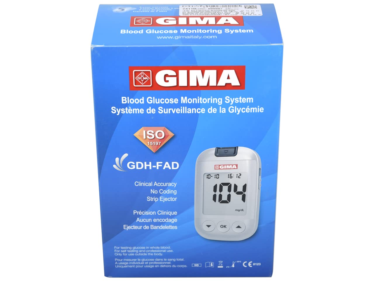 GIMA Misuratore Glicemia Glucometro Kit Completo Per Il Controllo e Il Monitoraggio Del Glucosio Nel Sangue Con 10 Strisce Soluzione Di Controllo 10 Lancette Sterili Penna Pungidito, GB,FR,ES,PT
