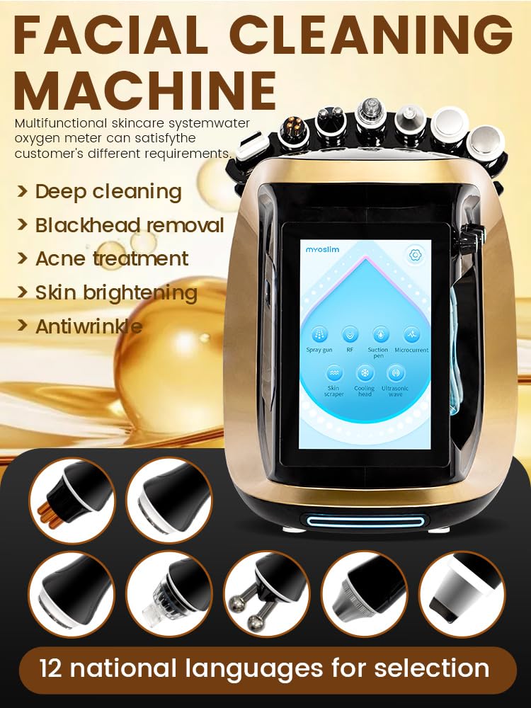 Dispositivo profesional 7 en 1 para la limpieza facial, herramienta de belleza hidratante y regeneradora de la piel, limpia profundamente, hidrata y reafirma la piel del rostro, color negro y dorado.