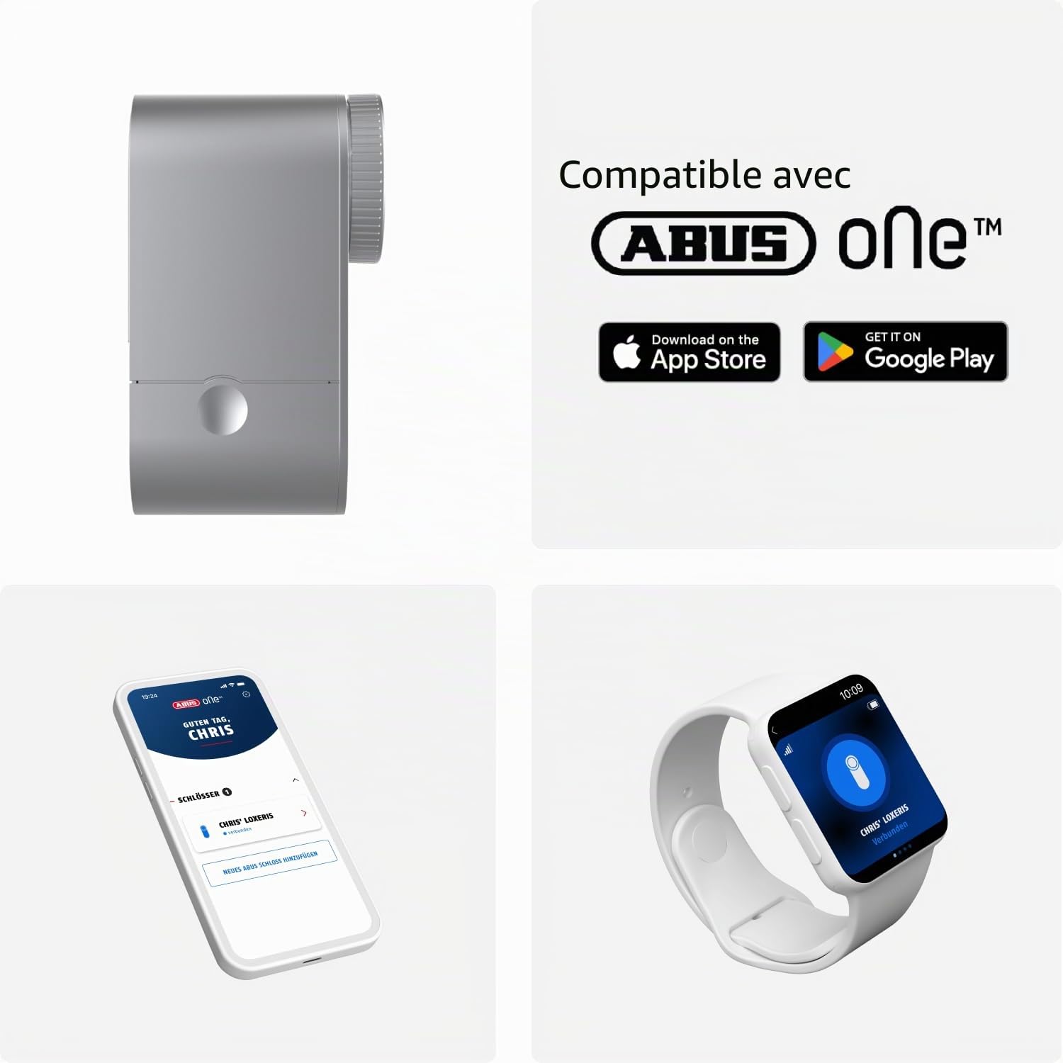 ABUS Serrure Connectée LOXERIS One - Smart Lock sur Piles, Argenté | Ouverture par app ABUS One, jusqu'à 28 utilisateurs, compatible lecteur d'empreintes et clavier à code, piles