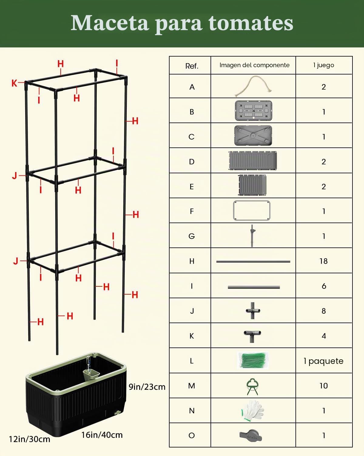 Macetero autorriego para tomates con enrejado, enrejado rectangular tomates para arriates elevados, caja macetero macetas de jardín, patio, interior y exterior (2 unidad)