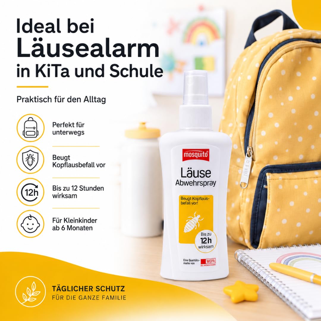 mosquito Läuse Abwehrspray 100 ml I Zur vorbeugenden Abwehr von Kopfläusen I Für Kinder ab 6 Monaten I bei Läusealarm in Kita & Schule I Bis zu 12 Stunden wirksam I mit Pharma Perle Duschgel (1x)