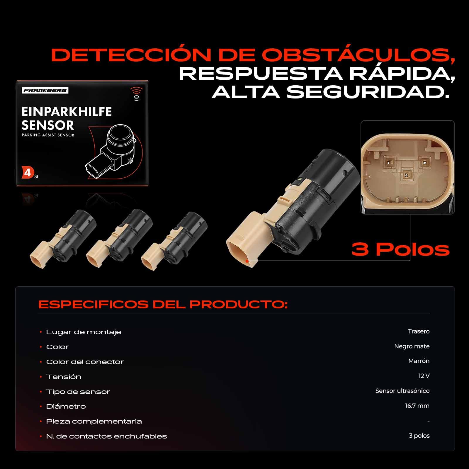 Frankberg 4 sensores de aparcamiento traseros PDC de 3 Polos 659095 | Compatible con: 307 3A/C, C2 Enterprise JG, Berlingo/Berlingo Primer monovolumen GFK GJK MF, 307 SO 3H