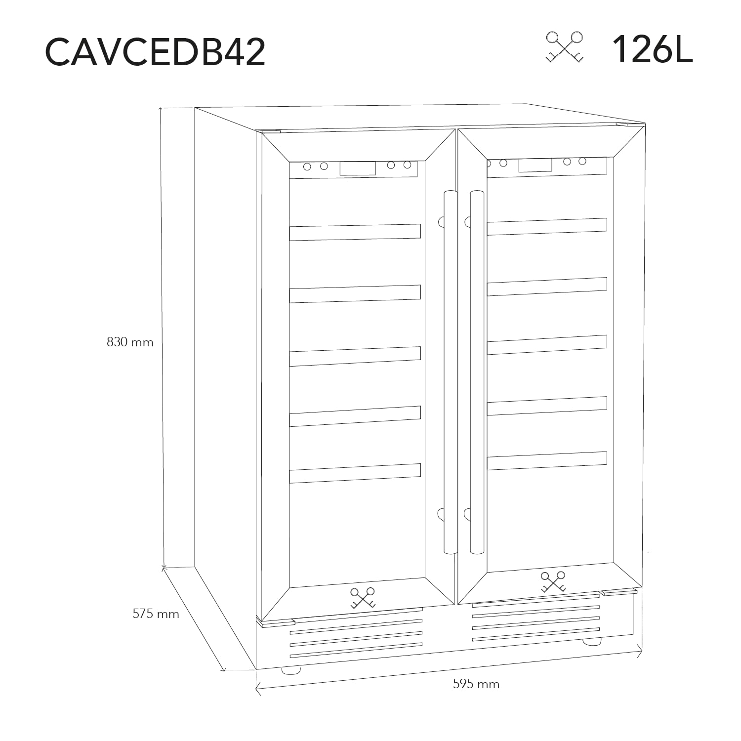 LES PETITS CHAMPS Cantinetta per vino CAVCEDB42 da incasso dual zone, 42 bottiglie, Black edition, due zone di temperatura regolabili da 5-20°C,vetro anti-UV, illuminazione, 10 ripiani in legno