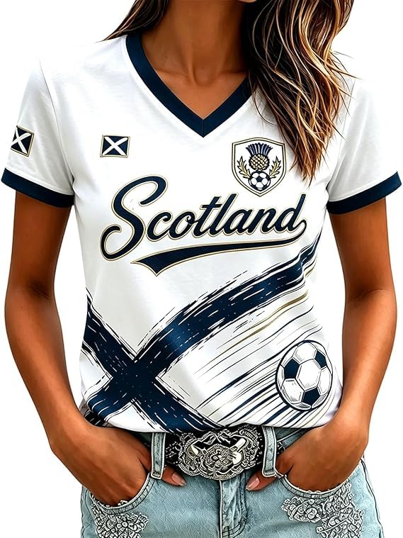 Scotland Fan Football Shirt Womens World Cup 2026 Short Sleeve Jersey Retro Graphic Printed V-Neck England Football Top Ladies Scotland T-Shirt Lightweight Fashion Summer Sports Clothing