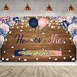 Gender Reveal Backdrop Banner He or She What will Baby be Pregnancy Reveal Fabric Floral Wooden Baby...