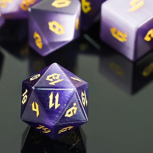 Miniatura 6 de Juego de dados DND con piedras preciosas moradas de ojo de gato, borde afilado para Dungeons and Dragons, juegos de dados para juegos de rol,