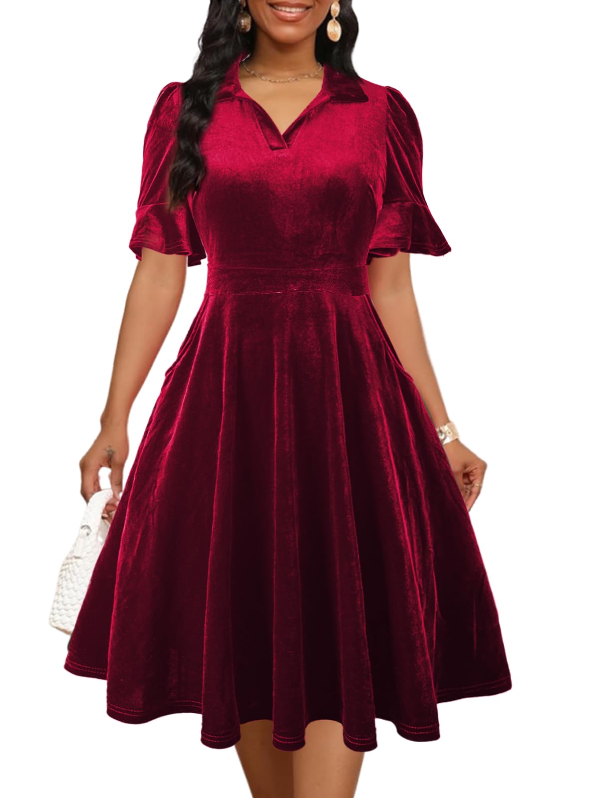 Mokayee Womens Summer Ruffle Sleeve Collared V Neck Fit and Flare Elegant A line Swing Dresses with Pockets