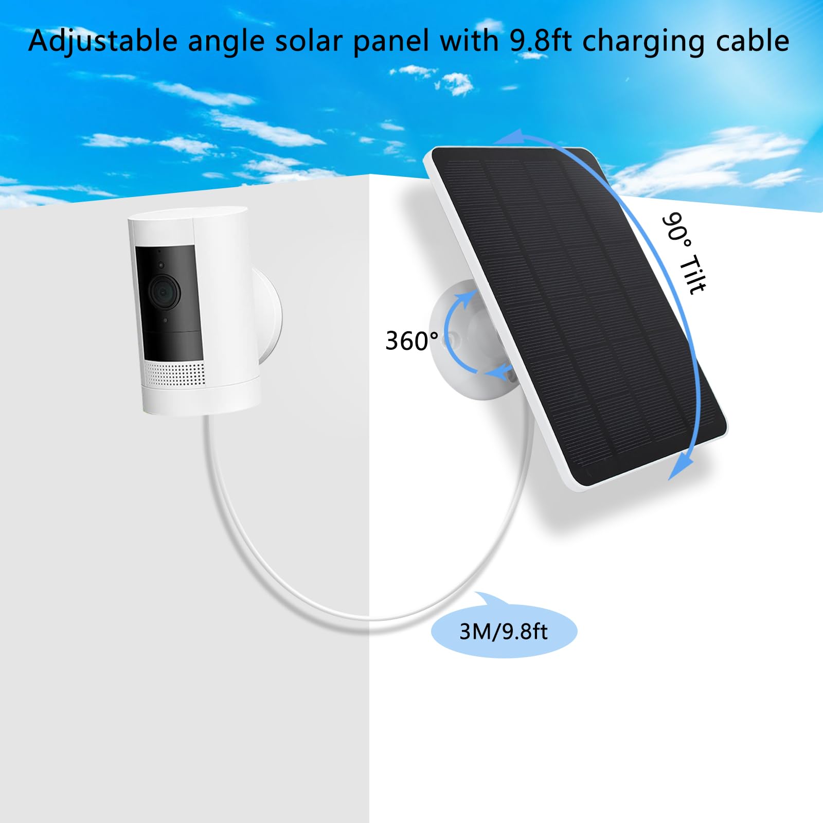 Lot de 2 panneaux solaires compatibles avec batterie Ring Stick Up Cam/Pro, batterie Spotlight Cam/Plus/Pro, chargeur de panneau solaire 5 V avec câble de charge CC de 3 m, port micro USB et de type C