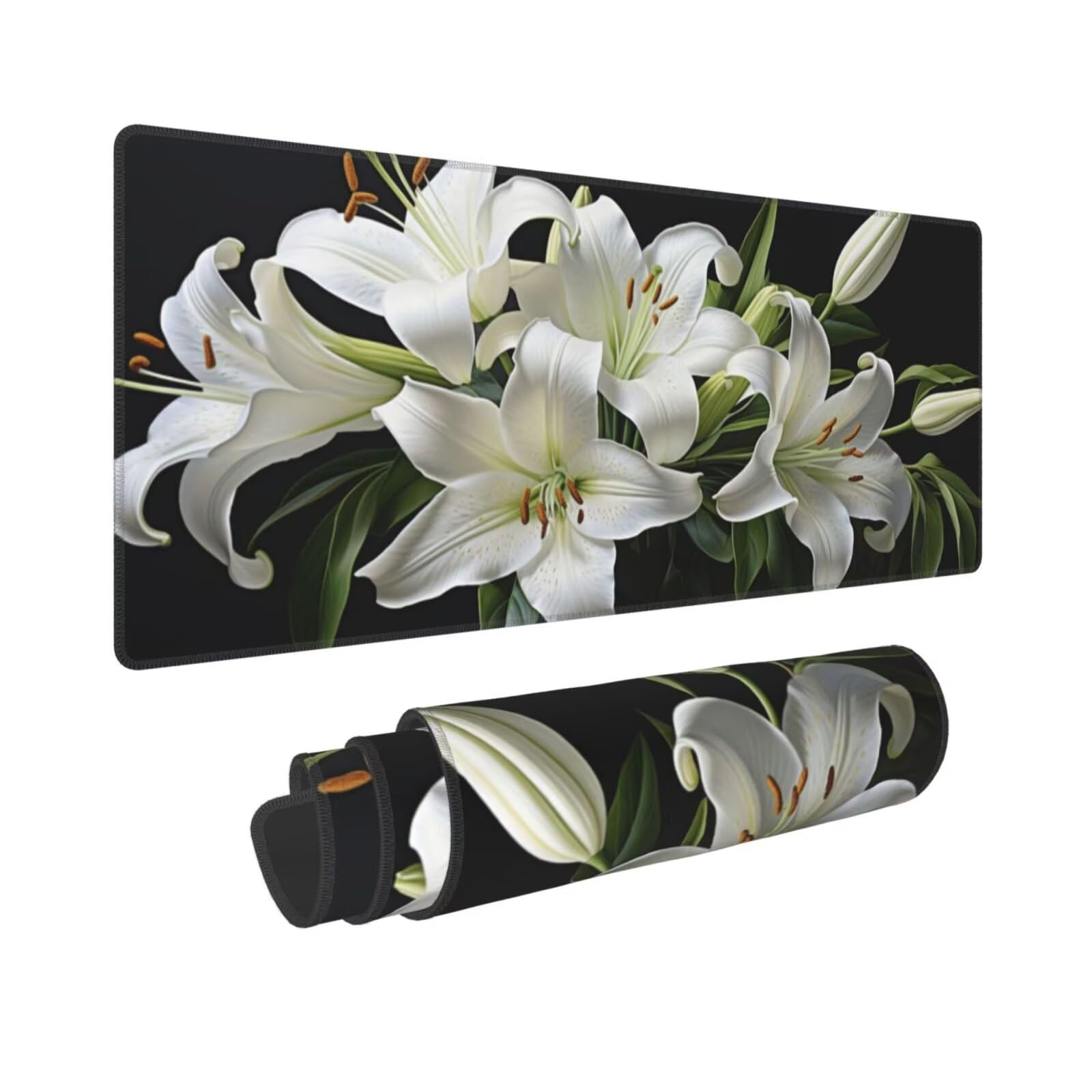 Tappetino Mouse, Tappetino Mouse Gaming Grande XXL 1500x800x3mm Tappetino Scrivania Mouse Pad, Base in Gomma Antiscivolo, Bordi Cuciti, Mousepad per Ufficio e Gaming (Fiore di giglio bianco) R-8