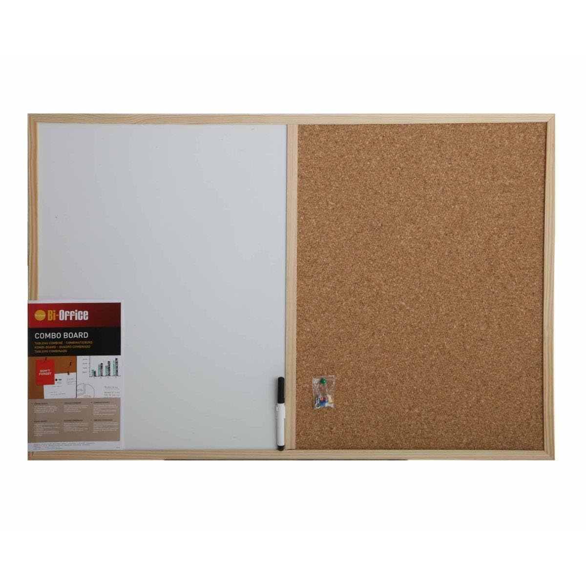 Bi-Office Budget Wood Frame Combination Board, Cork And Whiteboard Dry Wipe Memo Board, 90 x 60 cm