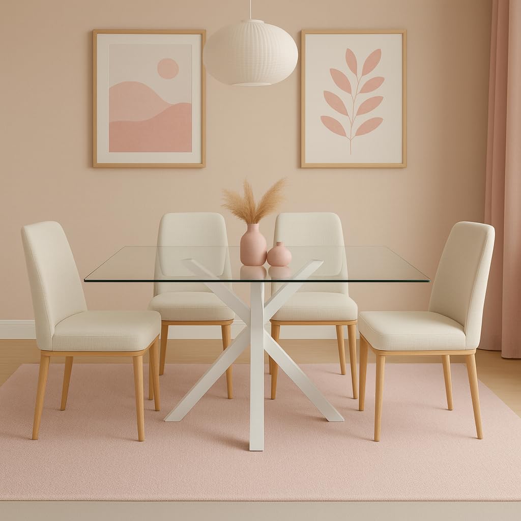 Mesa de Comedor con Tapa de Cristal Blanco y Patas Metálicas – 140x80x75 cm – Diseño Moderno y Elegante para Salón o Cocina