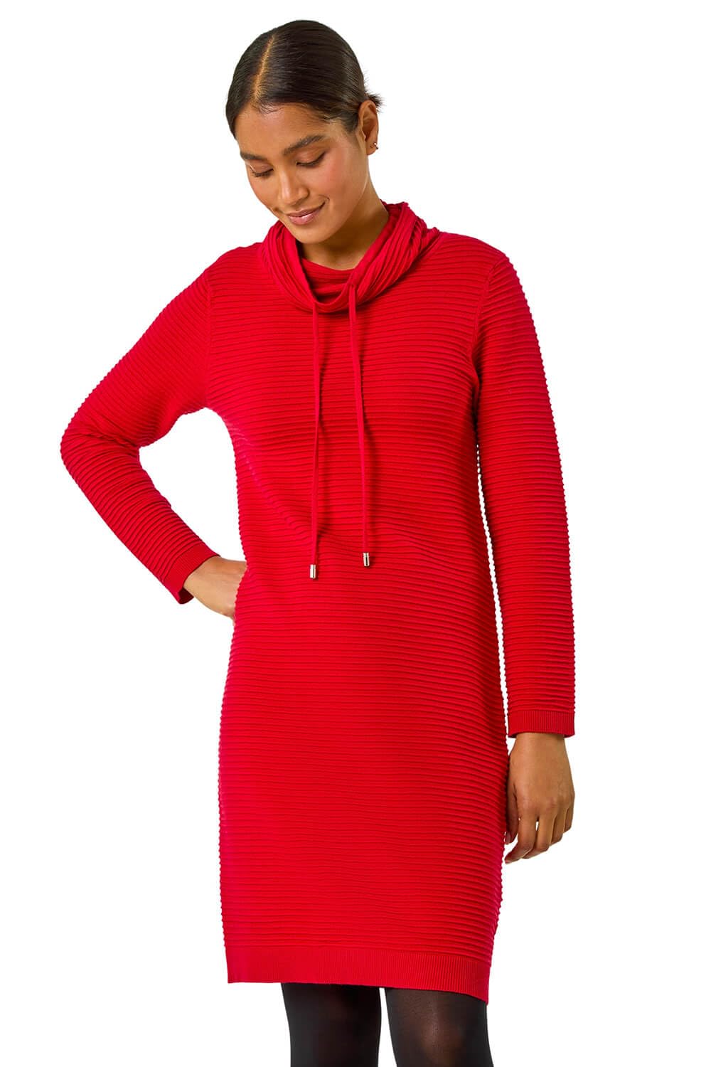 Roman Originals Women's Red Ribbed Cowl Neck Jumper Dress For Uk - Everyday Autumn Winter Comfy Soft Evening Vacation Work Party Night Out - Size 18