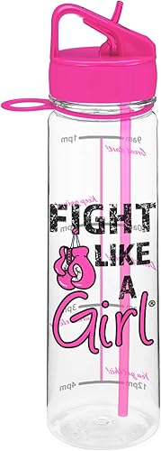 Fight Like a Girl Knockout SlimKim - Botella para deportes acuáticos de 30 onzas para concientización sobre el cáncer de mama con marcador de tiempo
