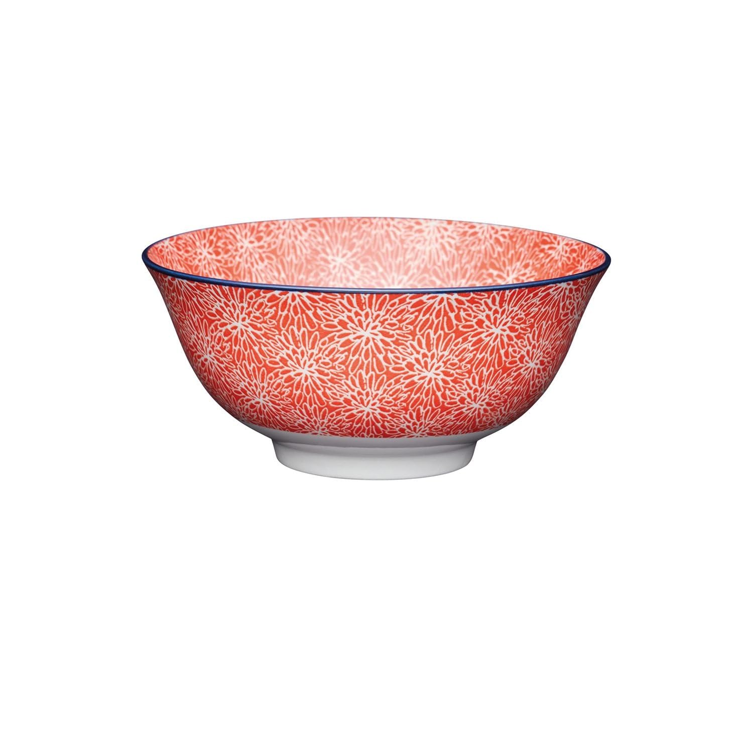 Kitchencraft Red/White Ceramic Bowl Set With Japanese Style Floral Pattern, Stoneware, 15.5 Cm, Set Of 4 Bowls,Ecmkcbowl37set