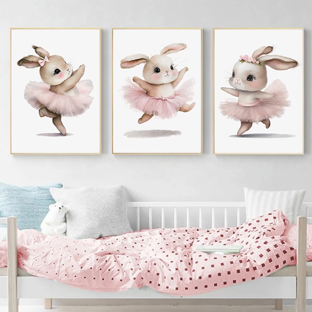 3 Laminas de Conejitos 30X40CM Cuadros Niños Habitacion Infantil Poster Rosa Ballet Lienzo Habitacion Bebe Laminas Animales Bebe Rosa Cuadros de Conejos Poster Habitacion Niña sin Marco
