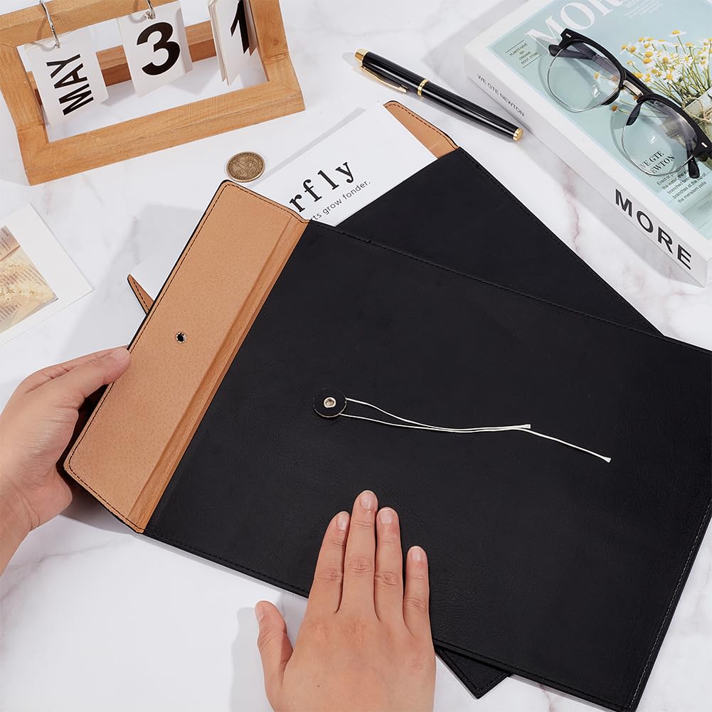 BENECREAT 2 Pcs PU Leather File Folers, Vertical A4 File Envelope Filing Folder, Waterproof Leather File Storage Pockets with String Tie Closure(Black) - Image 3
