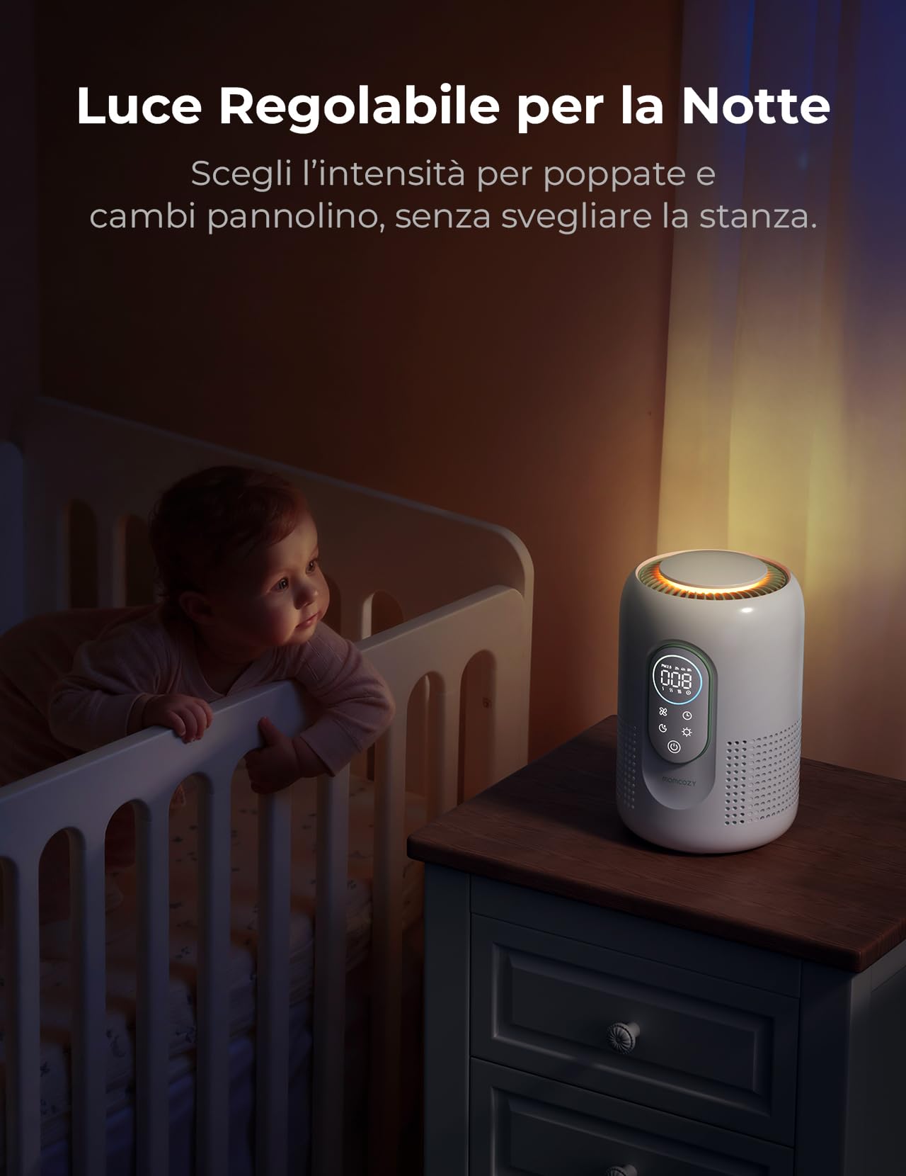 Momcozy Purificatore d'Aria per Cameretta, 4 Filtri HEPA H13 + Carbone Attivo, Monitor PM2.5 in Tempo Reale con Display 3 Colori, Sleep 21 dB, Luce Notturna Dimmerabile