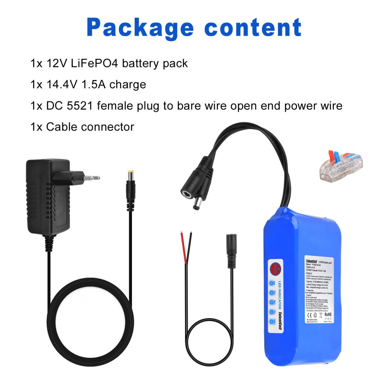 Talentcell 12V LiFePO4 Akkupack, 3000+ Zyklen Wiederaufladbare 12.8V 6Ah 76.8Wh Lithium Eisen Phosphat Batterie mit DC 12V Ausgang für LED Streifen, CCTV Kamera, Router, DIY und mehr