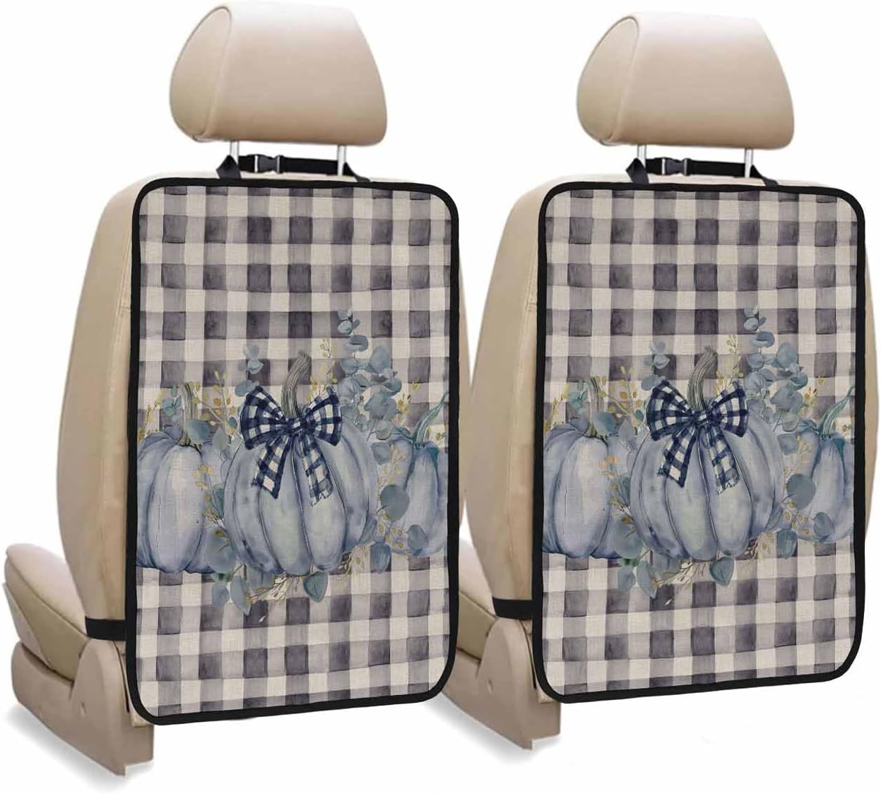 Car Seat Protector, 2 Pack Kick Mats with Organizer - 3 Pocket Storage, Fall Thanksgiving Blue Pumpkin Eucalyptus Leaves Plaid Back Seat Cover for Kids Universal Fit Automotive Interior Protectors