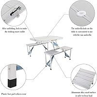 Vista 4 de Mesa de picnic plegable con taburetes/agujero para paraguas, resistente al aire libre e interior, de aleación de aluminio, mesa de picnic portátil