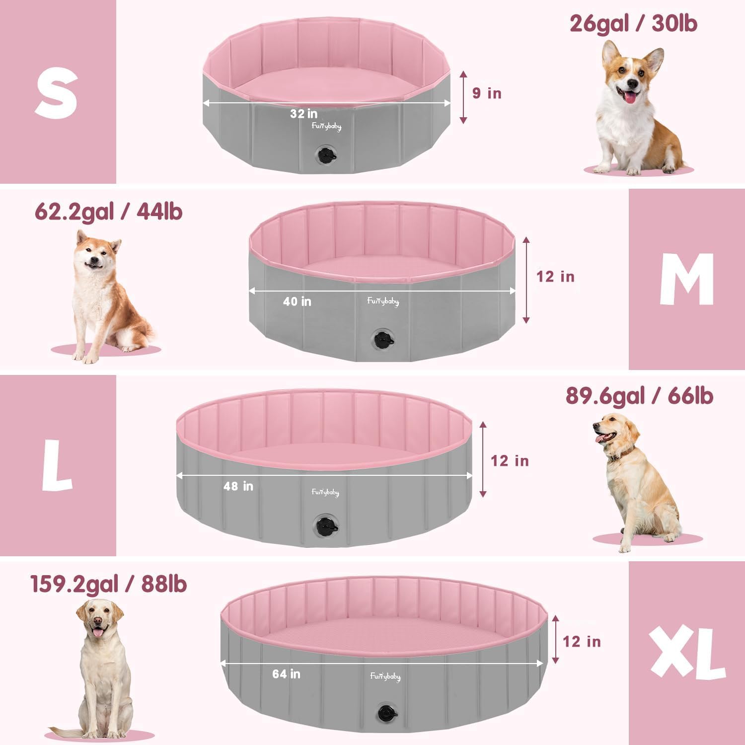 Faltbarer Hundepool für Hunde, Hunde-Polsterbecken, tragbar, für Hundebad, Kunststoff, groß, hart, Kinder-Pool (Rosa, 120 x 30 cm)