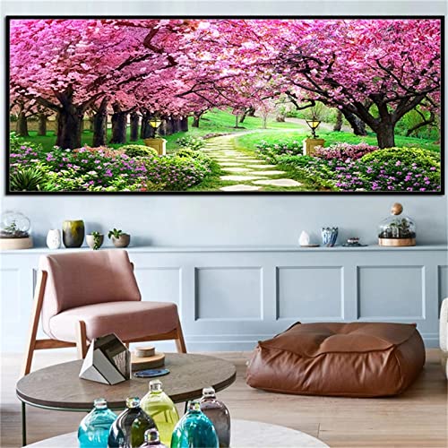 Diamond Painting Kit Complet Arbre Rose 50x150cm pour Salon