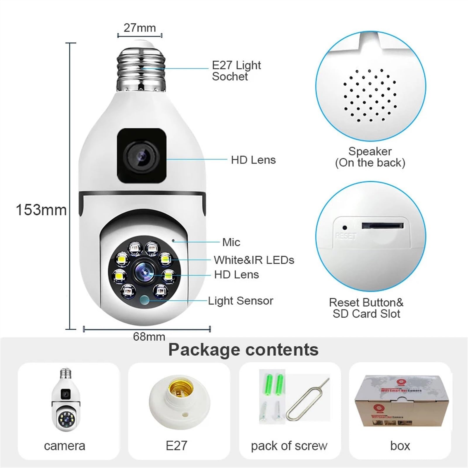 Telecamere di sicurezza, Telecamera Wi-Fi da 4MP Lampadina IP for interni a doppia lente con luce wireless Audio a 2 vie Tracciamento automatico AI Rilevamento umanoide di sicurezza PTZ(4MP Camera)