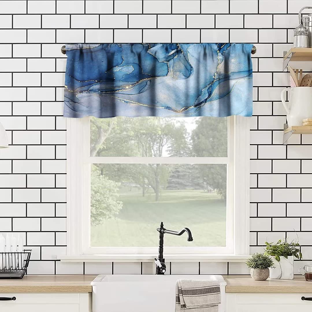 Marble Valance, Blue and Gold Ink Abstract Art One Panel 52x18in