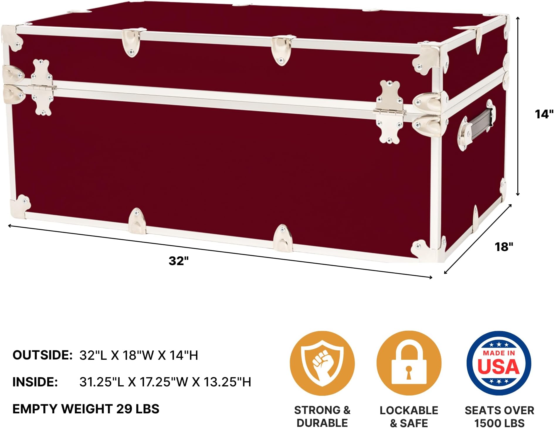 Rhino Trunk & Case Large Armor Camp Trunk with Removeable Wheels - Secure Dorm Storage Chest, Ideal Summer Camp Footlocker, Strong College Trunks - Seats 1000+ Pounds - 32"x18"x14" (Wine)