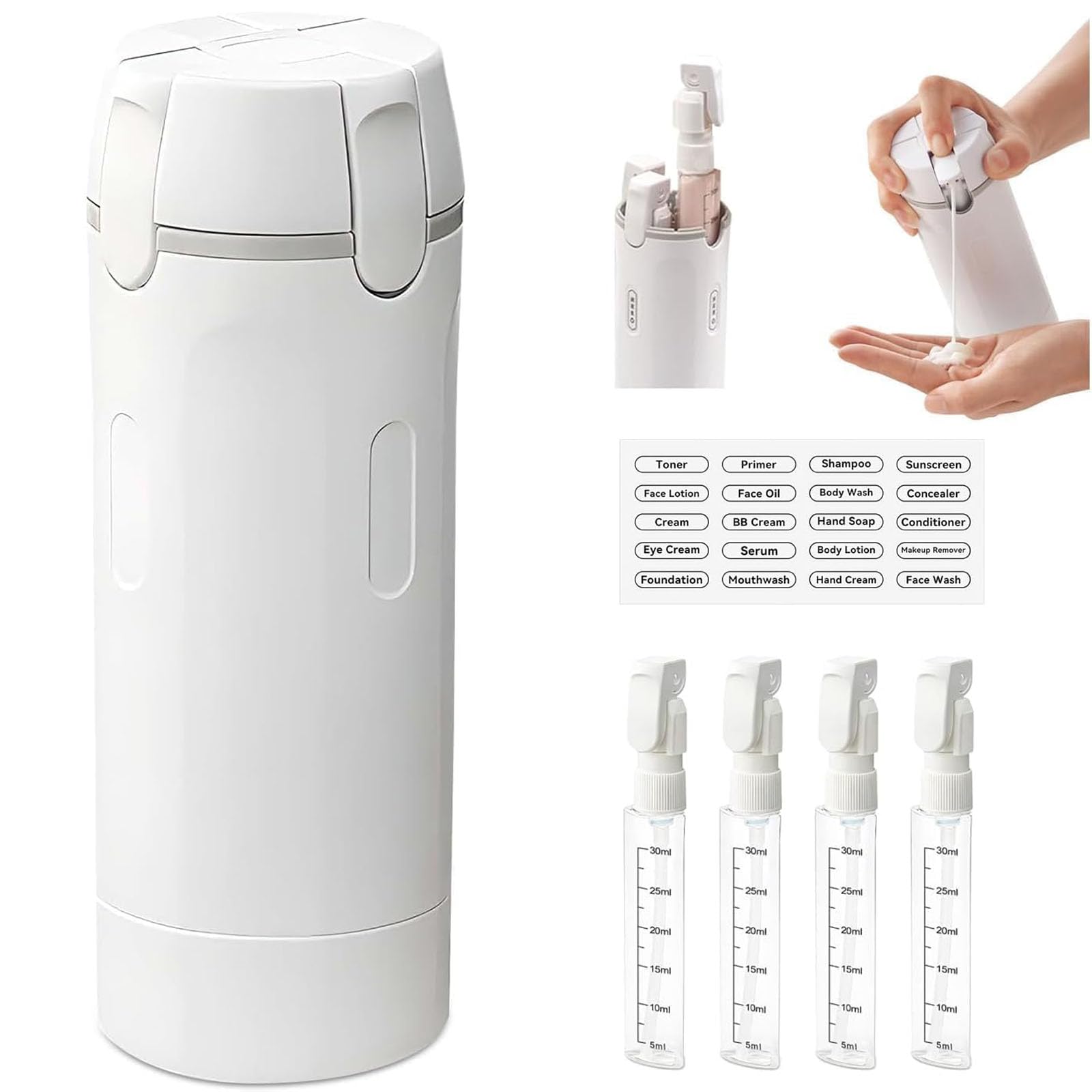 JORCEDI 4 in 1 Travel Bottle Set – Leak Proof Refillable Squeeze Containers for Toiletries, Shampoo, Conditioner & Lotion, Ideal Travel Essentials for Liquid Storage (White)