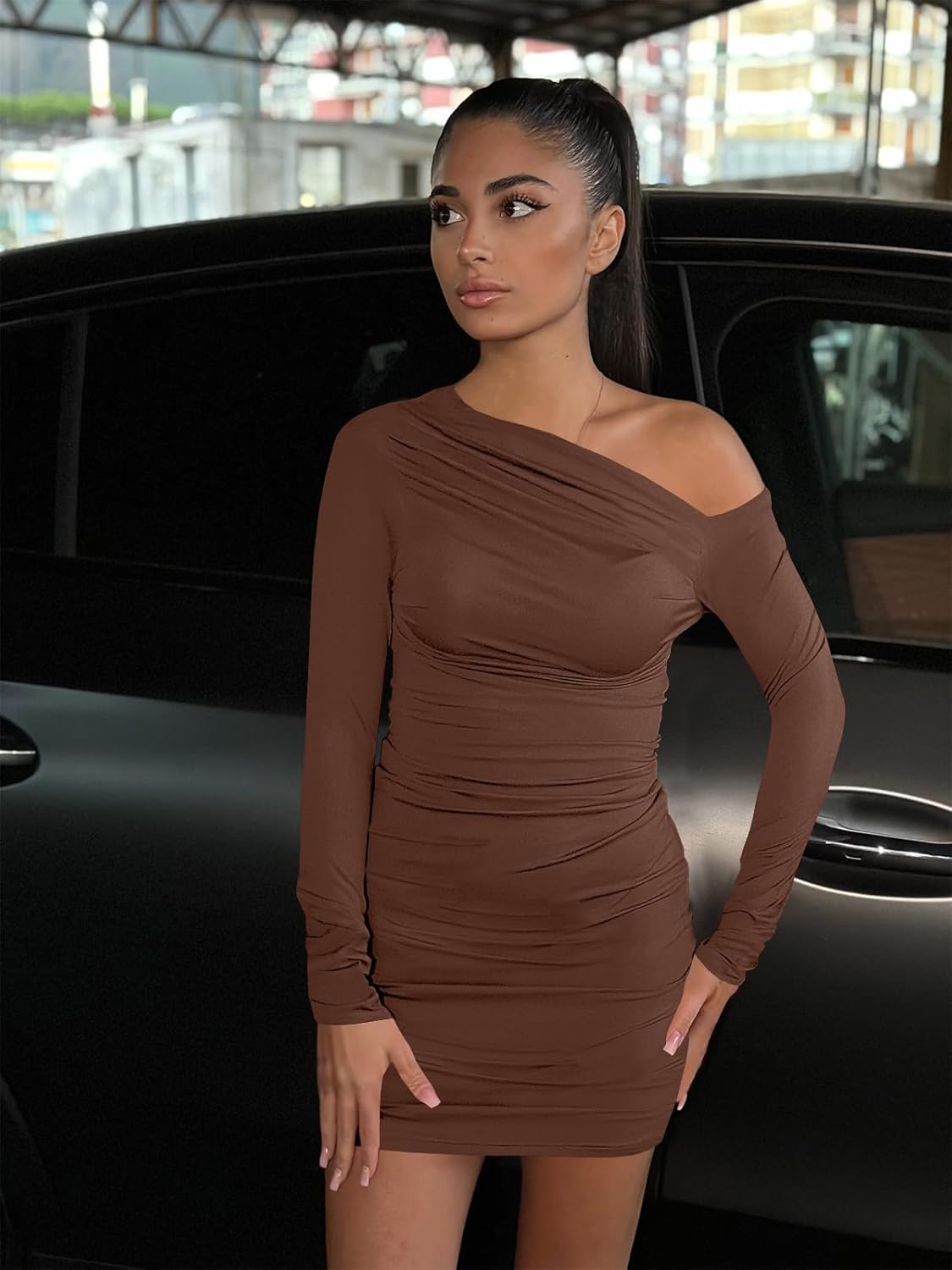 Women's Sexy Off Shoulder Long Sleeve Ruched Bodycon Elegant Cocktail Party Mini Dresses - Image 3