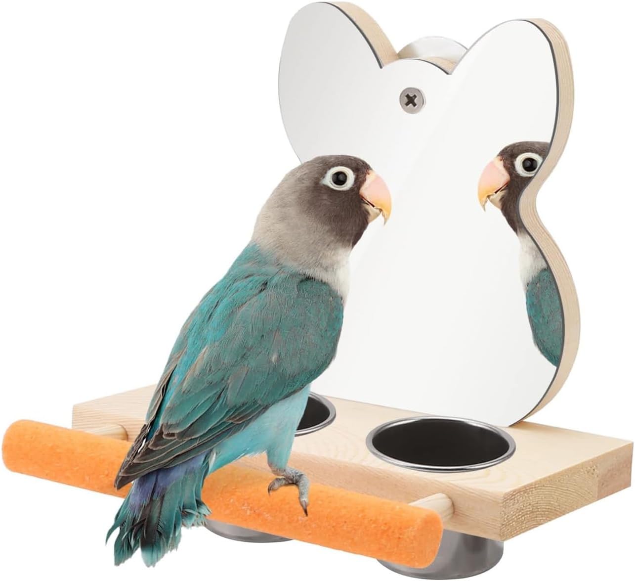 鳥用フードカップ 止まり木付きオウムミラーおもちゃ 鳥かご用 吊り下げ木製鳥スタンド ステンレス製フードボウル2個付き 鳥の餌やりと
