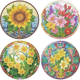 C'eitura 4Pcs DIY Diamond Dot Flowers Placemats Kit for Beginners, Round Diamond Art Painting Table Mats, Complete Craft Sets for Adults Kids, No Storage Rack Included