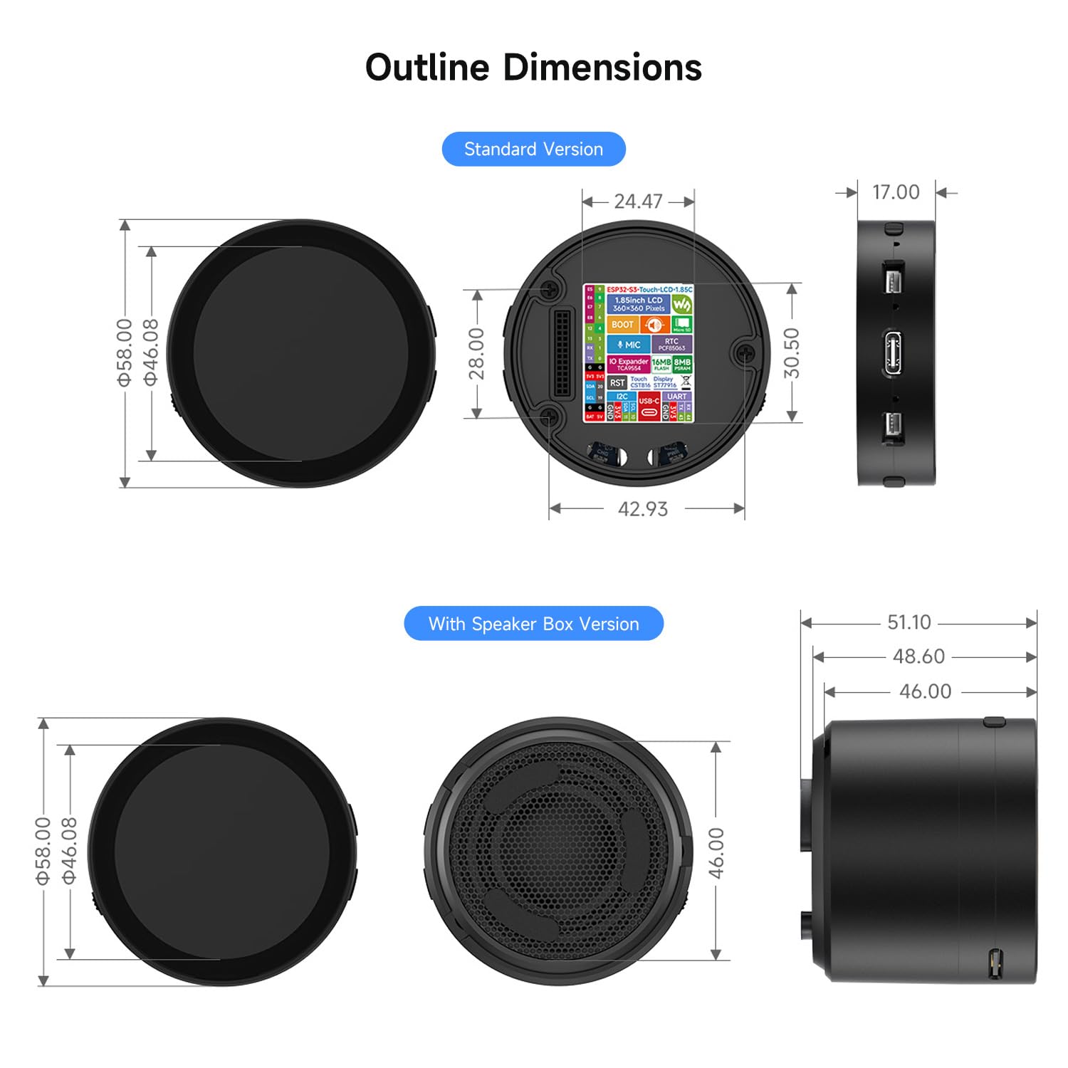 Waveshare ESP32-S3 1.85inch Round LCD Development Board, 360x360, Supports Wi-FI & BT BLE 5, AI Speech, ESP32 with Display with Smart Speaker Box(3.7V Lithium Batt Not Included)