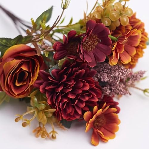 The Baked Studio Silk Artificial Flower Bouquet (Rose, Dandelion, Daisy & Foilage) – Realistic Fake Plant for Cake Decoration, Home Décor, Weddings, DIY and Crafts (Orange Coffee)