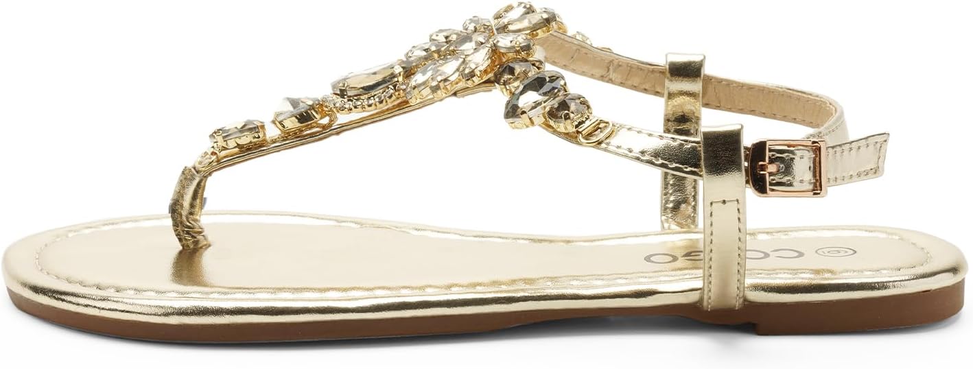 Colgo Women's T-Strap Flat Sandals, Elegant Glitter Rhinestone Thong Dress Shoes, Comfortable Wedding Sandals for Summer Beach Parties