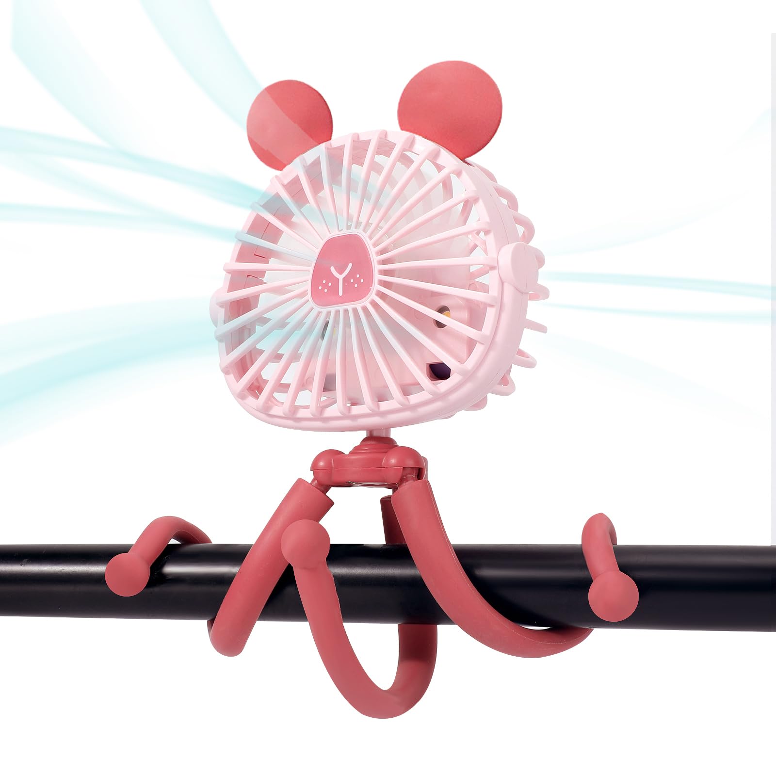 Creative Pram Fan Stroller Fans With Cute Ears, Flexible Tripod Clip On with LED Light, Portable Handheld Personal Fans, Rechargeable Battery Mini USB Fan for Car Seat Crib Bike Treadmill Travel
